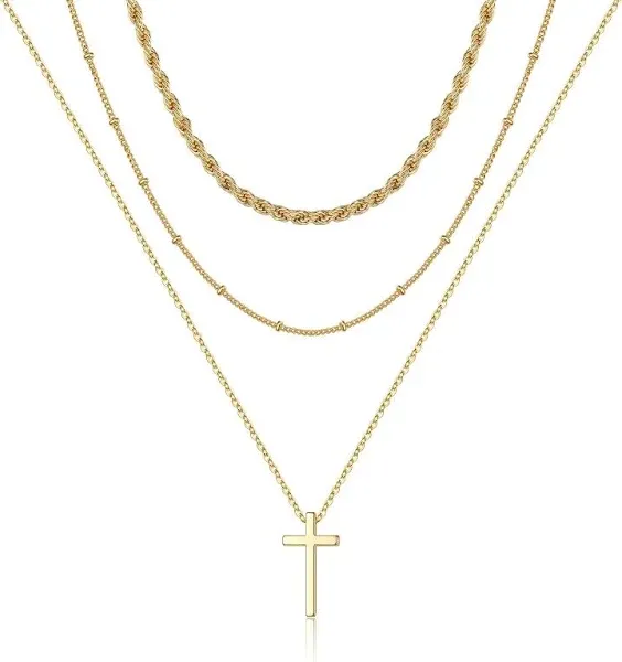 Turandoss Dainty Layered Choker Necklace, Handmade 14K Gold Plated Y Pendant Necklace Multilayer Bar Disc Necklace Adjustable Layering Choker