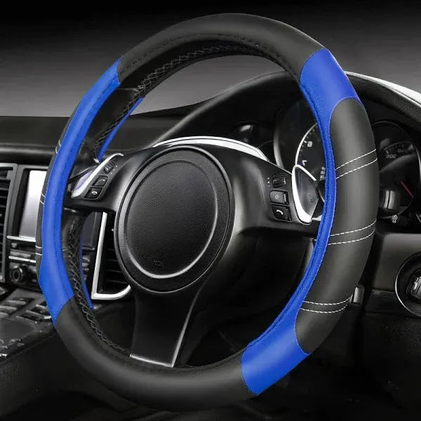 Car Pass Line Rider Leather Universal Steering Wheel Cover Fits for Truck,SUV,Cars, Blue