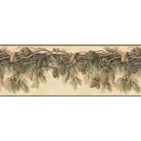 Wyola Olive Pinecones Forest Border Wallpaper Sample