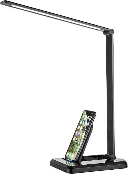 Fugetek LED Desk Office Lamp with Wireless Charger & USB Charging Port, Touch Control, 5 Lighting Modes, 30/60 Min Auto Timer, Eye-Caring, Dimmer,