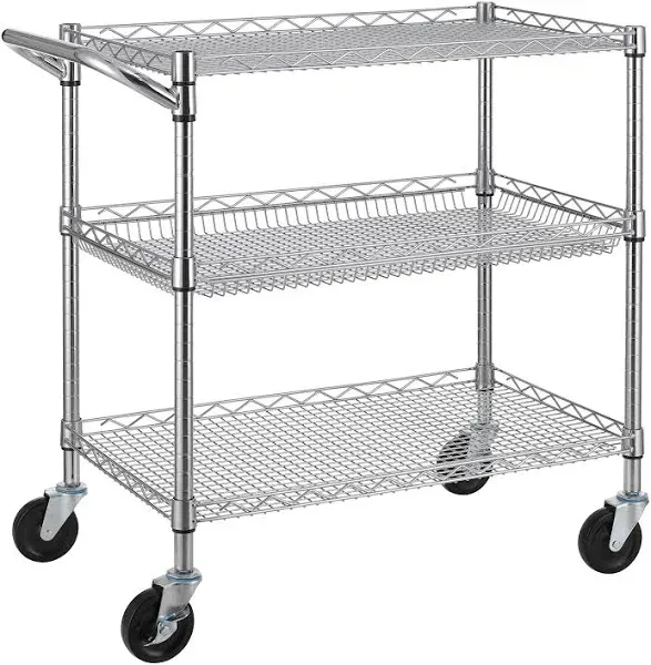 Finnhomy 3 Tier Heavy Duty Commercial Grade Utility Cart, Wire Rolling Cart with Handle Bar, Steel Service Cart with Wheels