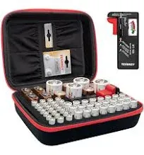 Tenergy Battery Organizer Storage Case with Battery Tester, Holds 60 Batteries AA AAA C D 9V (Batteries Not Included)