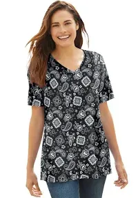 Woman Within Plus Size Women's Perfect Printed Short-Sleeve V-Neck Tee