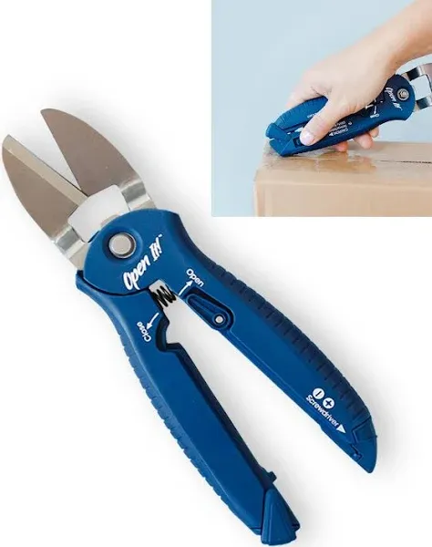 Zibra Open-It! All-in-One Multi Tool with Heavy-Duty Scissors Box Cutter Screwdriver and Package Opener Blue