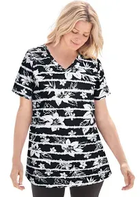 Woman Within Plus Size Women's Perfect Printed Short-Sleeve V-Neck Tee