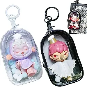 2pcs Clear Figure Display Bag with Keychain Pompom Ball Portable Mini Doll Pouch Carrying Case Blind Box Figures Display Case for Collectibles Zipper Closure (Cabin)