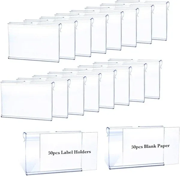 50pcs Labels for Storage Bins Plastic Label Clip, Basket Labels Clip On Wire Shelf Price Label Holder Merchandise Sign Display Holder, 50pcs Label Insert Included (6x4cm)