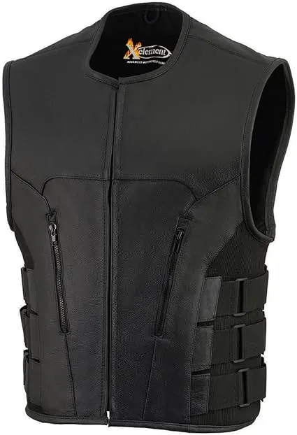 Xelement B95080 Men's Black Advanced Triple Strap Design Leather Motorcycle Vest - Black / Small