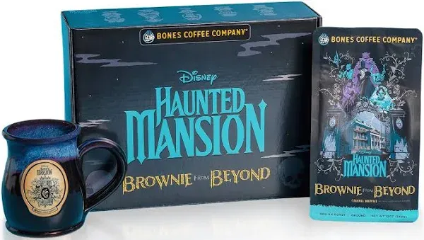 Bones Coffee Company Brownie From Beyond Collector's Box Ground Coffee Beans | Hand-thrown mug featuring Gracey Manor and 12 oz Caramel Brownie Flavor Inspired by Disney's Haunted Mansion (Ground)