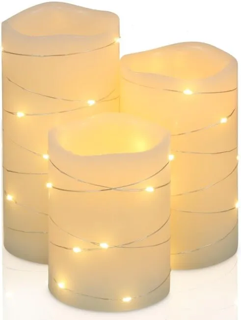 Red Flameless Candles Real Wax LED Pillar Candles Battery Operated with Cycling 5H Timer Set of 3 (3" x 4"/5"/6") (Red)