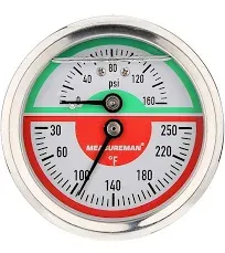 MEASUREMAN Tridicator, Thermo-Manometer, 2-1/2", Silicone Oil Filled, 0-160psi/30-250 deg F, Stainless Steel Case, 1/4" NPT Lower Mount Pressure Gauge