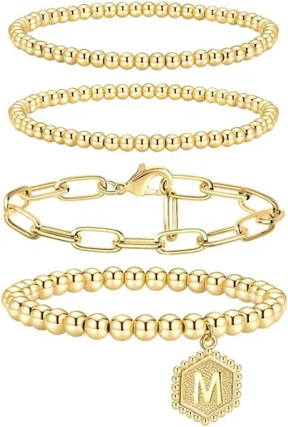 doubgood Gold Beaded Bracelets for Women Stackable Gold Bracelets for Women Men 14K Real Gold Plated Stretch Bead Ball Bracelet