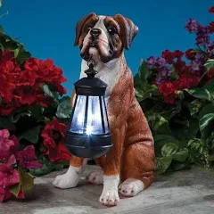 Realistic Boxer Dog Garden Sculpture Holding Solar Lighted Lantern