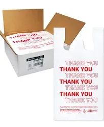 Bagtron Thank You T-Shirt Carry-Out Bags, 1/6 Barrel, White/Red, 12" x 7" x 22" Large, 1000 Count