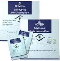 NOVEHA Daily Hygienic Eyelid & Lash Wipes | for Blepharitis & Itchy Eyes Demodex | Box of 60 Individually Wrapped Eyelash Wipes Natural Makeup Remo