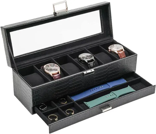 ProCase Watch Box for Men, 6 Slot Watch Display Case with Drawer, Mens Watch Case With Glass Lid, 2-Layer Jewelry and Watch Storage Watch Holder Organizer for Men Women -6 Slot, LizardBlack