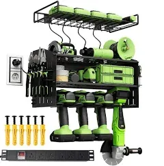 gostle Power Tool Organizer with Charging Station 4 Layers Wall Mount Power Drill Organizer Tools Storage Holder 6AC Outlets Tool Rack Tool Storage