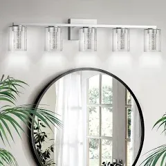 LED Modern Bathroom Light Fixtures Over Mirror, 5-Light Brushed Nickel Vanity Lights with 5 Color Modes, Dimmable Bathroom Vanity Light with Crystal Bubble Glass, 2700K-6500K Adjustable, ETL