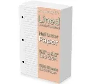 Half Letter Lined Paper, 3-Hole Punched, 500 Sheets/1,000 Pages, 100 GSM, Printer Paper Binder Refill, 5.5 in. x 8.5 in., fits in Half Letter 3-Ring Binders, Binder Refill Line Inserts (500-Sheet)