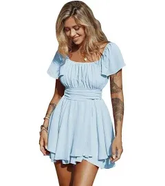 EXLURA Women's 2024 Summer Ruffle Short Sleeve Tie Back Romper Dress Square Neck A Line Cute Dressy Short Jumpsuits