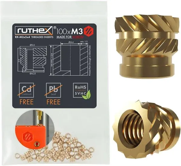 ruthex M3 Threaded Inserts VORON - 100 Pieces RX-M3x5x4 Brass Heat Set Insert for Plastic Parts - Metric knurled Nuts - Insert by Heat into 3D Printing Components