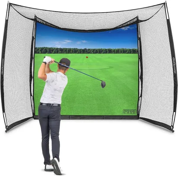 GoSports Range Cage 10 ft x 8 ft Golf Practice Hitting Net with Impact Screen – Choose Printed Graphics or Blank Simulator Screen