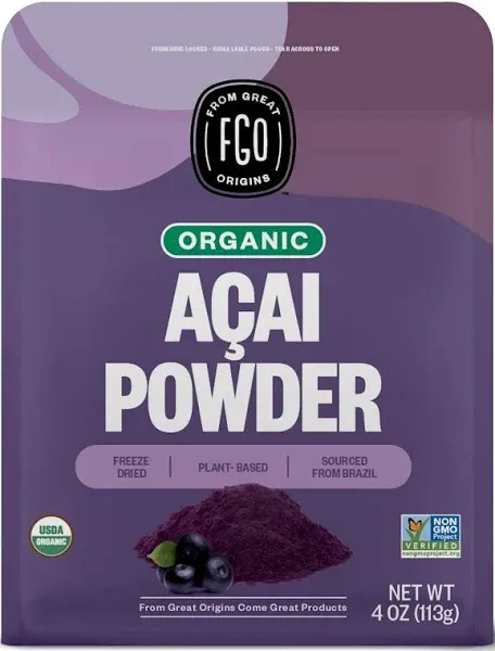 FGO Organic ACAI Powder (Freeze-Dried), Superfood Berry from Brazil, 4oz, Packaging May Vary (Pack of 1)