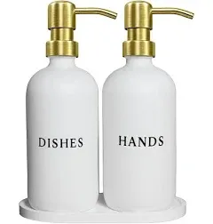 Black Glass Hand and Dish Soap Dispenser Set - Modern Farmhouse Sink Accessories - Liquid Soap Dispenser - 16 oz Kitchen Sink Soap Dispenser Set with Tray, Stainless Pumps & Funnel