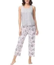 INK+IVY Women's 2 Piece Button Down Top Cropped Wide Leg Pants Pajama Set