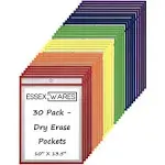 30 Pack, Assorted, Dry Erase Pocket Document Protectors,10" Wide x 13.5" Tall - Dry Erase Clear Plastic Sleeves - Reusable & Easy Erase Plastic Invoice Holders, Water-Resistant & Durable