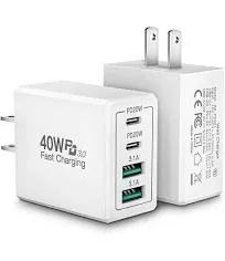 2 Pack USB C Wall Charger 40W Durable 4Port QC PD 3.0 Power Adapter Double Fast 