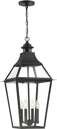 Jackson 14 in. W x 29.25 in. H 4-Light Matte Black with Gold Highlights Outdoor Hanging Lantern with Clear Glass Panes