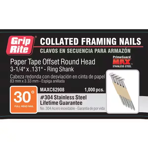 Grip-Rite 3-1/4 x .131 in 30° Paper Collated 304 Stainless Steel Ring Shank Offset Round Checkered Head Framing Nails 1000 per Box MAXC62908