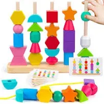 Montessori Wooden Beads Sequencing Toy Set Stacking Blocks & Lacing Beads & Matching Shape Stacker for 2 3 4 5 Year Old STEM Preschool Learning