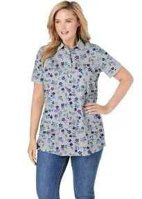 Woman Within Plus Size Women's Perfect Printed Short-Sleeve Polo Shirt