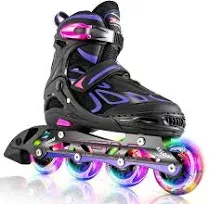 2pm Sports Vinal Girls Adjustable Inline Skates with Light up Wheels Beginner Skates Fun Illuminating Roller Skates for Kids Boys and Ladies