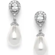 Mariell Pearl Drop Bridal Clip-On Earrings with CZ Crystals for Bride