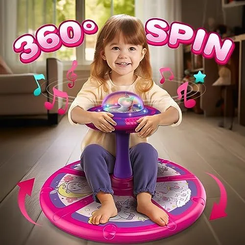 Unicorn Sit and Spin Toy, Birthday Gift for Girls Age 1 2 3 4 Years Old, Toddler Toys, with LED and Music, 360° Spin