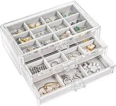 Holder Organizer Jewelry Box with 3 Drawers, Acrylic Clear Earring Case