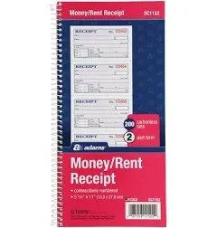 Adams Money and Rent Receipt Book, 2-Part Carbonless, 5-1/4" x 11", Spiral Bound, 200 Sets per Book, 4 Receipts per Page (SC1152)