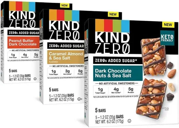 Kind Zero Added Sugar Bars Keto Friendly Snacks Variety Pack 6.2oz Box 15 Bars