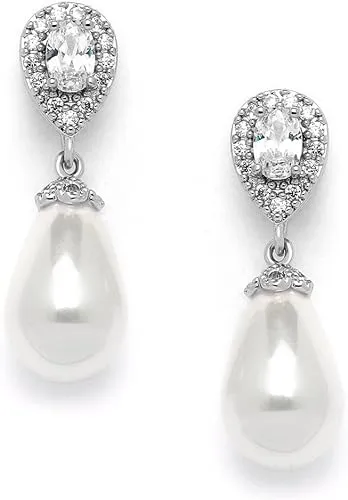 Mariell Pearl Bridal Wedding Clip-On Earrings for Bride, Pearl and CZ Non-Pierced Drop Bridal Earring