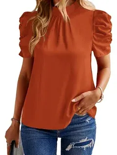 BTFBM Women's Summer Boho Shirt Top Ruffle Short Sleeve Frill Trim Mock Neck Floral Solid 2024 Casual Blouses Shirts Tops