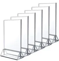 NIUBEE 6Pack 5x7 Clear Acrylic Sign Holder with Sliver Borders and Vertical Stand, Double Sided Table Menu Holders Picture Frames for Wedding Table Numbers, Restaurant Signs, Photos and Art Display