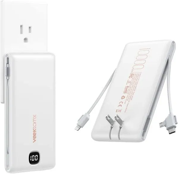 VEEKTOMX Portable Charger with Built in Cables 10000mAh, Power Bank for iPhone with Wall Plug, Travel Essential Fast Charging USB C Slim External Battery Pack for iPhone16/15/14, Samsung, iPad, etc