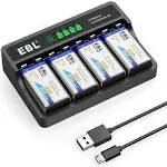 4x EBL 9V Rechargeable Li-ion Battery+Charge<wbr/>r for 9 Volt Lithium-ion/Ni<wbr/>-MH/Ni-CD