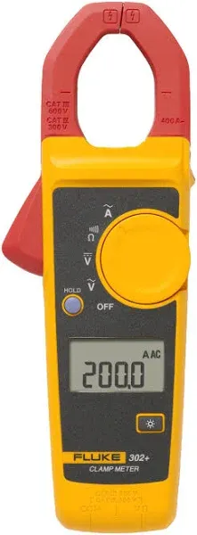 Fluke 302+ Digital Clamp Meter, 30mm Jaw, Measures AC Current to 400A, Measures AC/DC Voltage to 600V, Resistance, Continuity, and Capacitance Measurements, Includes 2 Year Warranty