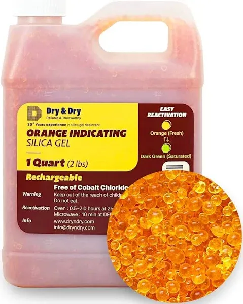 Dry & Dry" [1 Quart Premium Orange Indicating Silica Gel Desiccant Beads(Industry Standard 3-5 mm) - Rechargeable Silica Gel Beads(2 LBS)