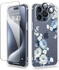 GVIEWIN for iPhone 15 Pro Max Case 6.7", Screen Protector+Camera Lens Protector, Shockproof Drop Protection, Marble Design Slim Soft TPU for iPhone 15 ProMax Women Phone Cover(Navy Blue)