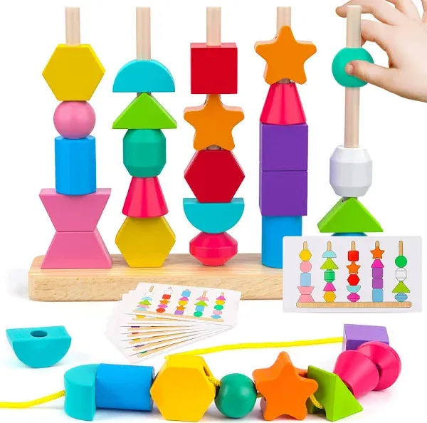 Montessori Wooden Beads Sequencing Toy Set, Stacking Blocks & Lacing Beads & Matching Shape Stacker for 2 3 4 5 Year Old STEM Preschool Learning Montessori Toys Gifts for Kids Boy Girl Toddler